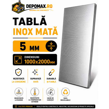 Tabla inox mata AISI 304 2B, 5 x 1000 x 2000 mm, 2 mp